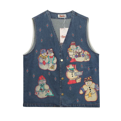 Washed Cartoon Snowman Printed Vintage Vest For Women | MuddyStock Originals Blue