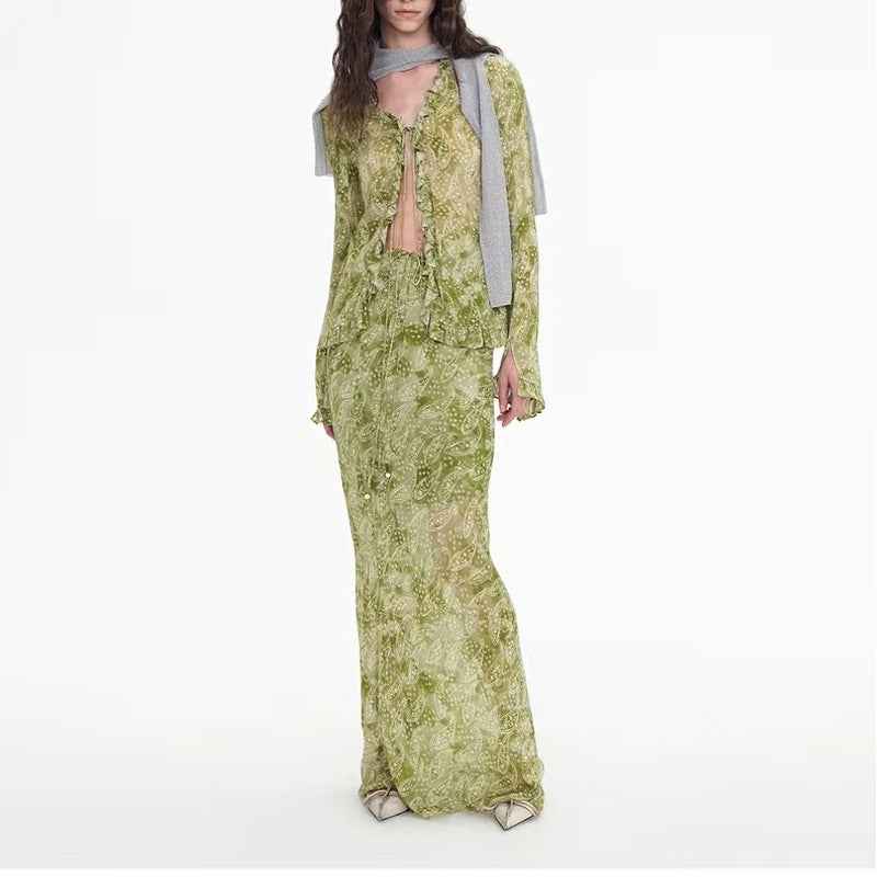 Floating Green Ink Washed Paisley Long Dress Women's Outfit | MuddyStock Originals