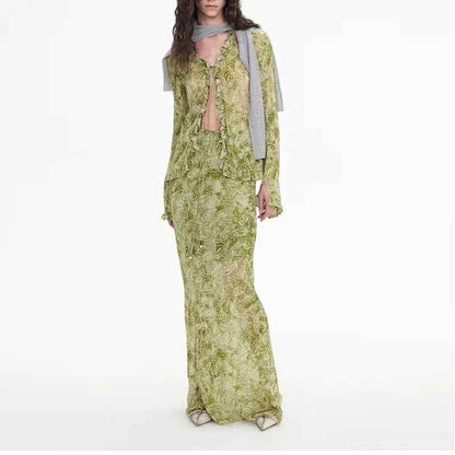 Floating Green Ink Washed Paisley Long Dress Women's Outfit | MuddyStock Originals