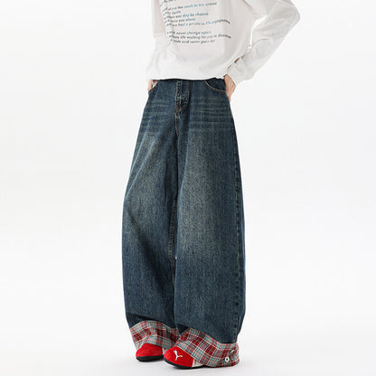 Retro Washed Plaid Cuffed Denim Wide Leg Long Pants For Men And Women | MuddyStock Originals MuddyStock