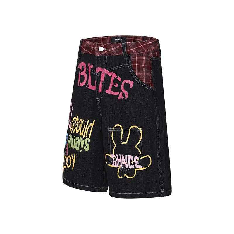 Flower letter graffiti printed denim shorts