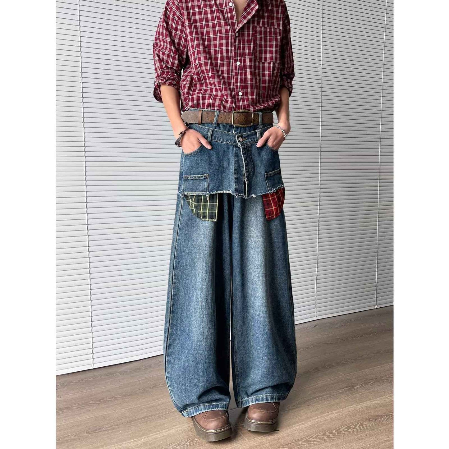 Retro fake two-piece checkered patchwork jeans for men | MuddyStock Originals MuddyStock