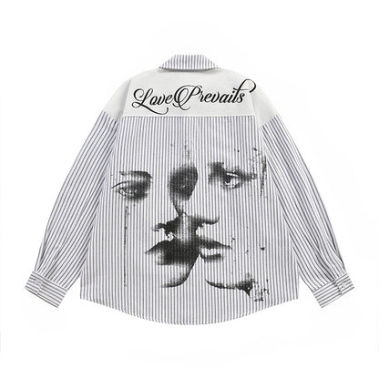 Men's Dark Hip-Hop Loose Face Print Vertical Stripes Long Sleeve Collared Shirt