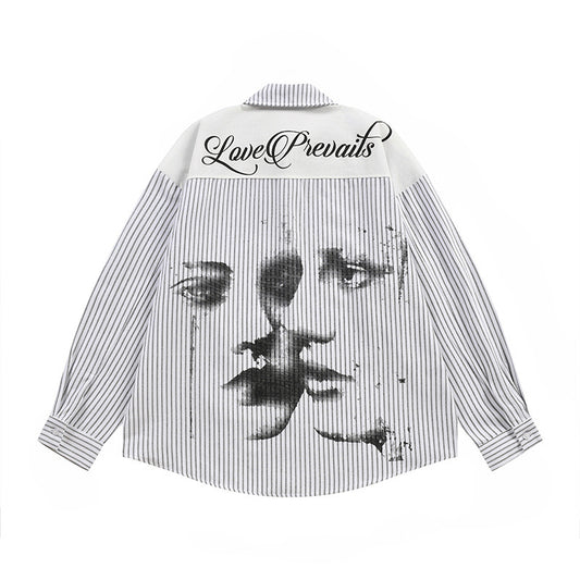Men's Dark Hip-Hop Loose Face Print Vertical Stripes Long Sleeve Collared Shirt