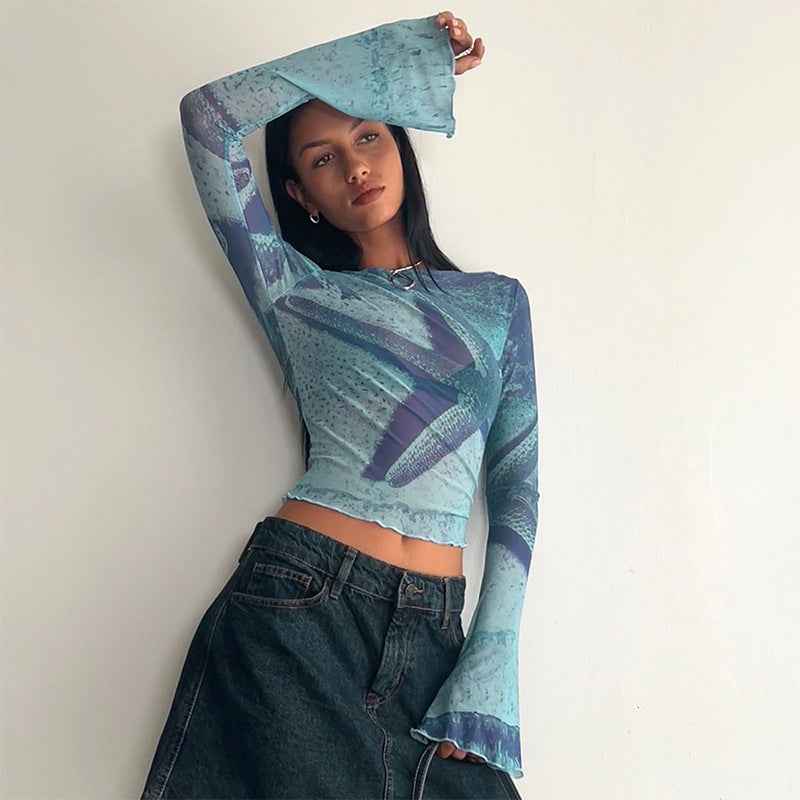 Abstract printed flared sleeve short top for women | MuddyStock Originals