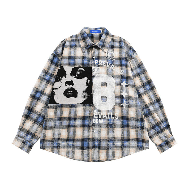 Men's Vintage Dark Portrait Plaid Long Sleeve Shirt Casual Loose Streetwear Style