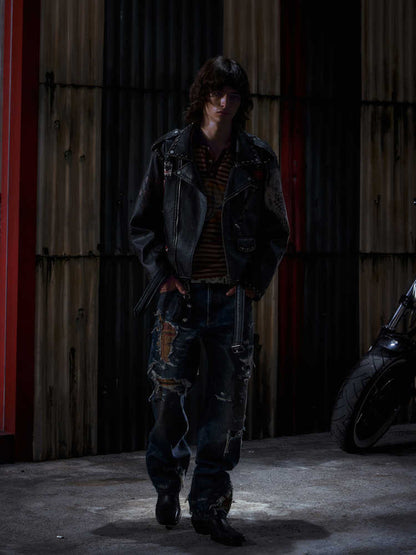 Irregular Placket Lychee-textured Biker Jacket For Men All Products