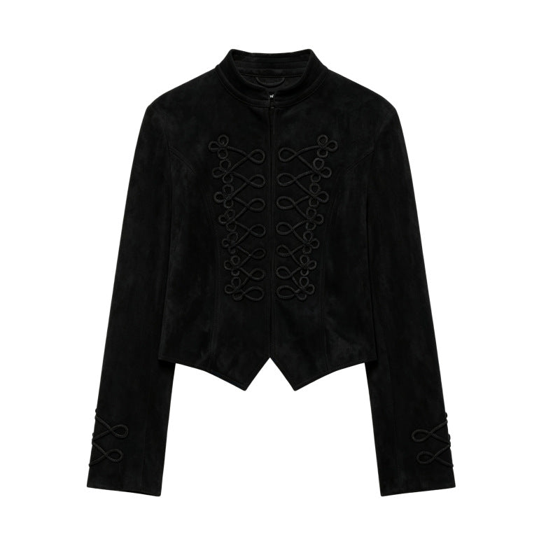 Womens Suede Stand-Neck Jacket Coat Black All Products