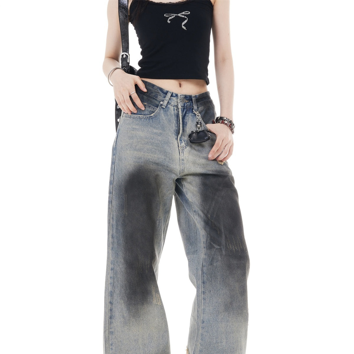Retro High Waist Wide Leg Ripped Jeans For Women Blue