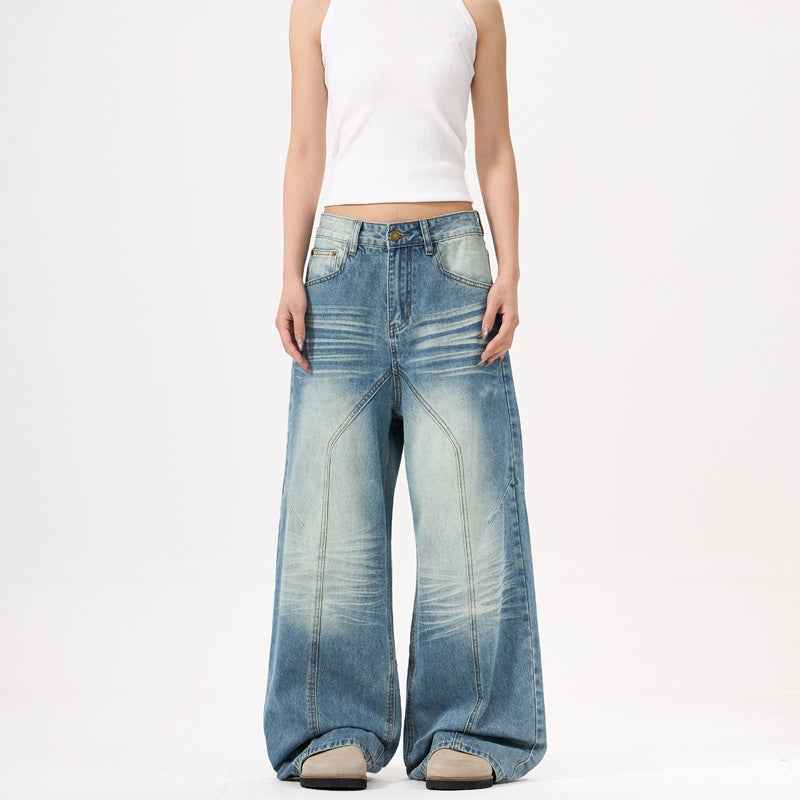Wide-leg Deconstruct Stitching Jeans For Men And Women Blue MuddyStock