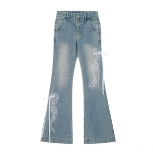 Butterfly Lace Stitching Design Jeans For Women Blue All Products