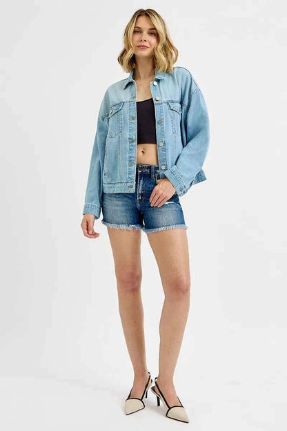 RISEN Washed Dropped Shoulder Denim Jacket For Women Trendsi