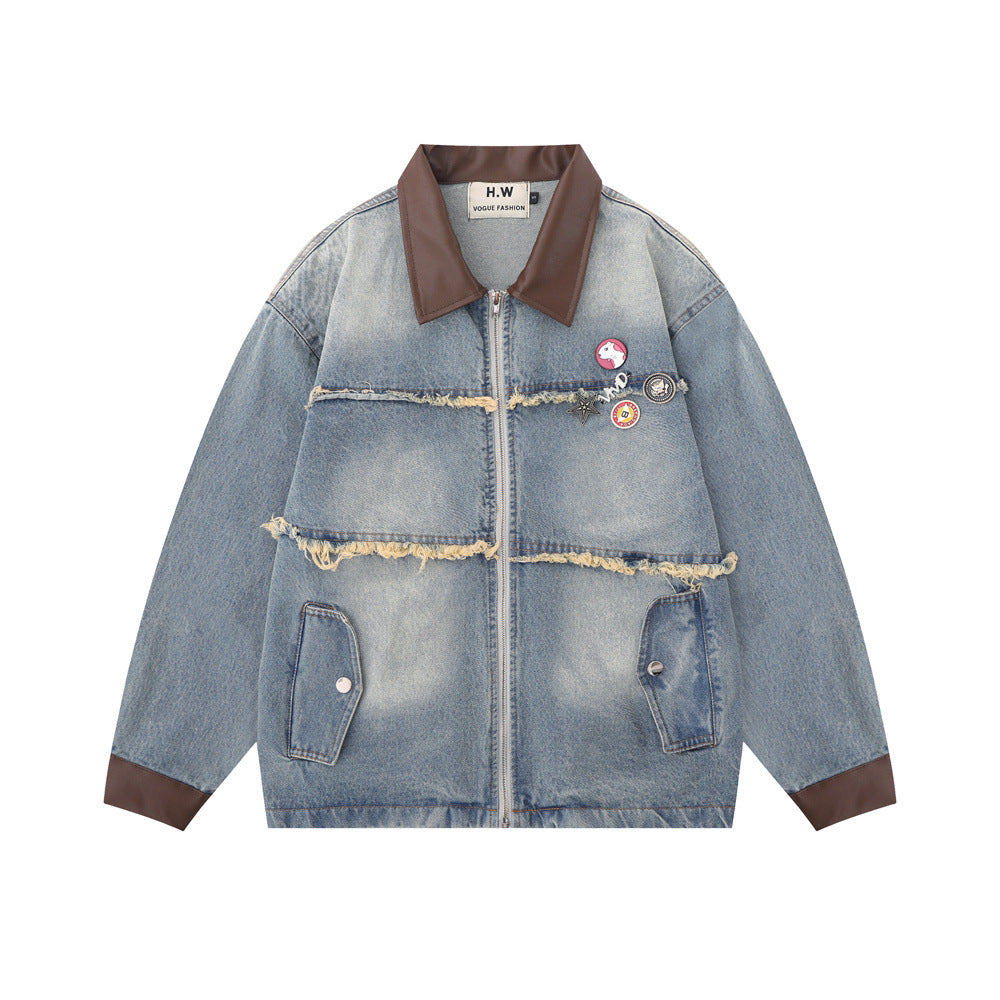Loose Washed And Worn Jacket For Men Blue MuddyStock null