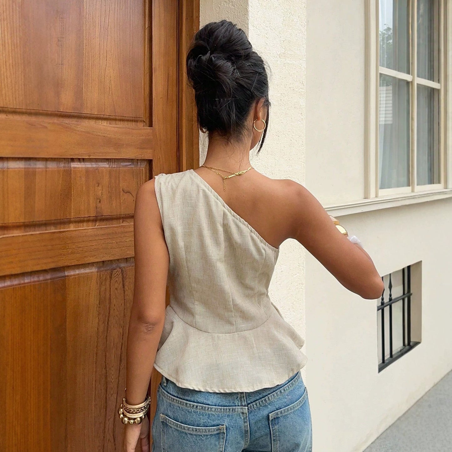 One-Shoulder Pleated Sleeveless Top For Women