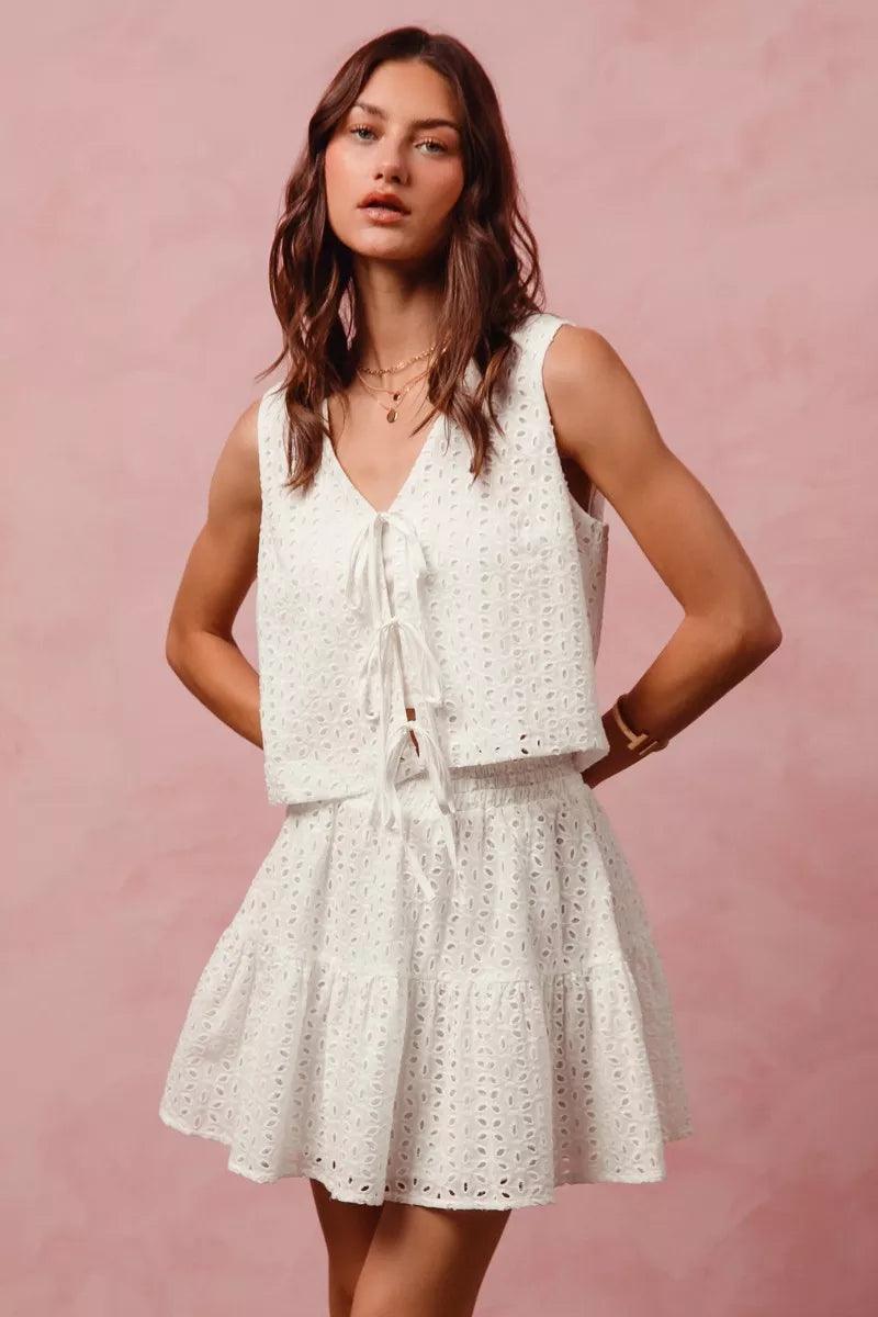 Floral Eyelet Lace Tie Front Vest Top and Tiered Mini Skirt Set