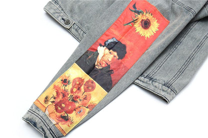 Loose Denim Jacket With Printed Sleeve For Women null