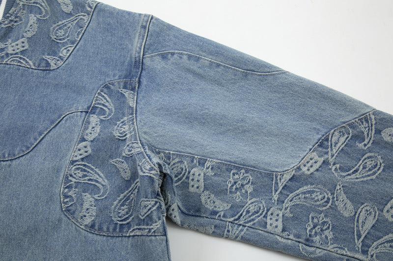 Torn Patchwork Cashew Flower Denim Jacket For Men And Women null
