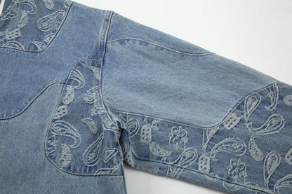 Torn Patchwork Cashew Flower Denim Jacket For Men And Women null