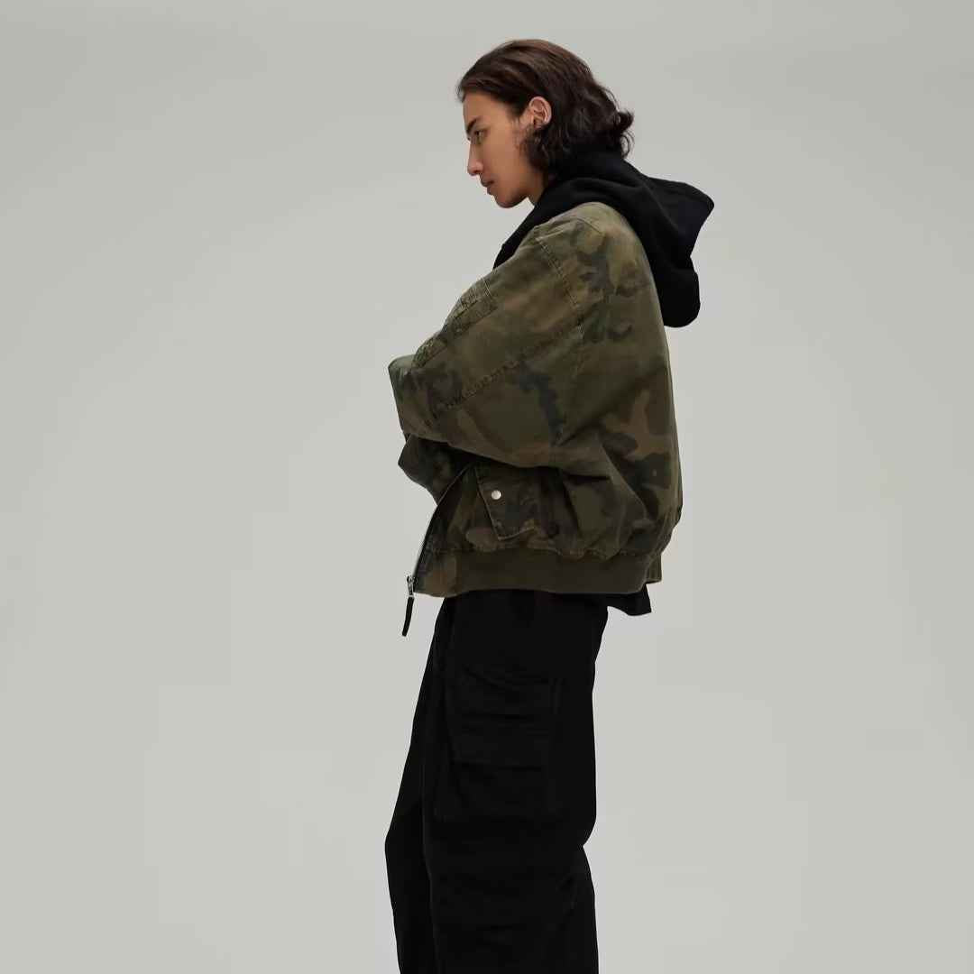 Leisure Washed-out Distressed Camouflage Fake Two-piece Cotton-padded Jacket For Men And Women MuddyStock