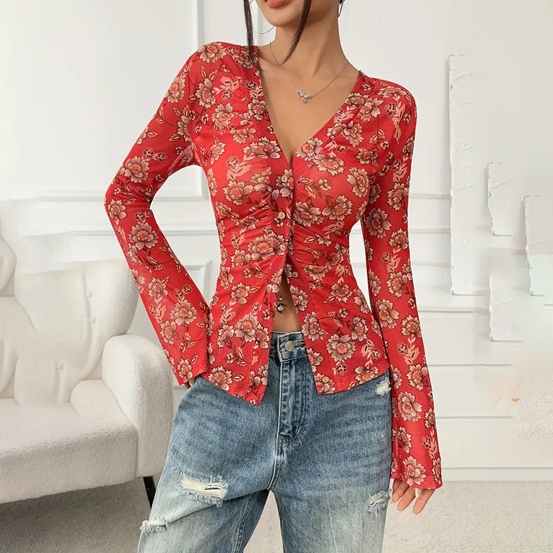 Women Button Down Long Sleeve V Neck Ruched Fitted Top MuddyStock