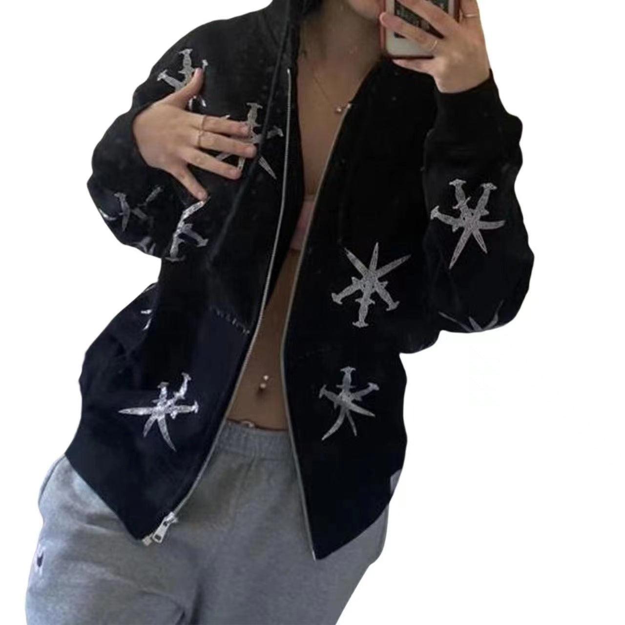 Rhinestone Gothic Streetwear Green Zip up Hoodie For Men All Products