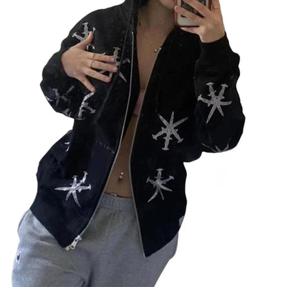 Rhinestone Gothic Streetwear Green Zip up Hoodie For Men All Products