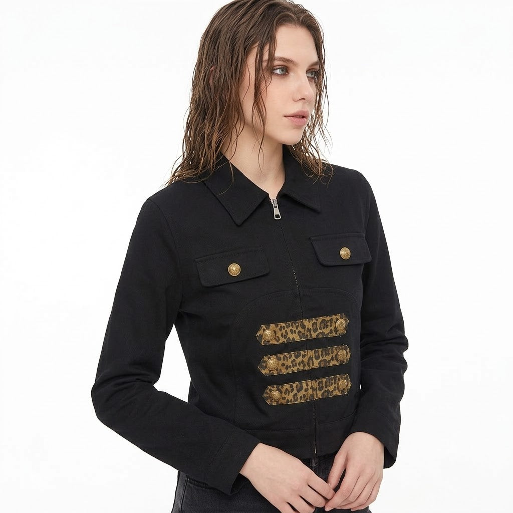 Leopard Print Zipper Lapel Workwear Jacket For Women | MuddyStock Originals