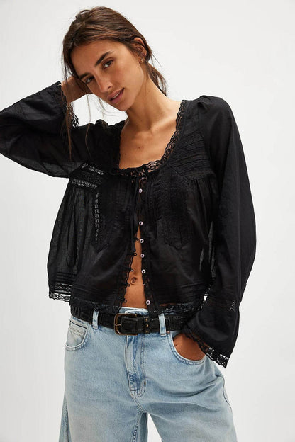 Lace U-shaped Lace Collar Long Sleeve Light Shirt Black MuddyStock
