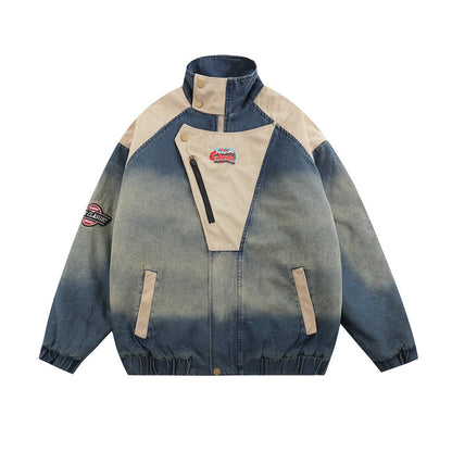 Contrast Color Spray Paint Wash Denim Stand-up Collar Cotton-padded Jacket For Men