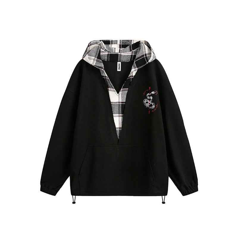 Japanese-style Retro Fake Two-piece Plaid Stitching Contrast Color Hoodie For Women Black MuddyStock