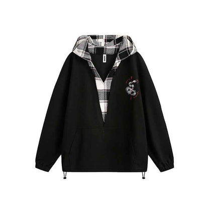 Japanese-style Retro Fake Two-piece Plaid Stitching Contrast Color Hoodie For Women Black MuddyStock