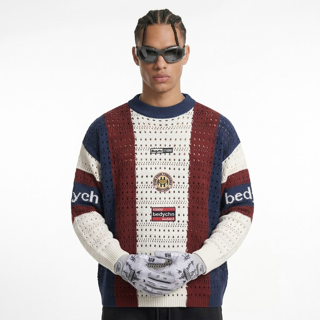 Color blocking vertical stripe hollow sweater for men | MuddyStock Originals