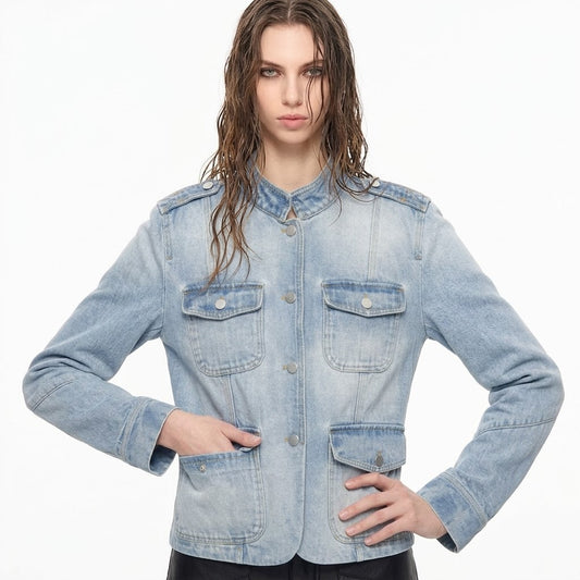 Button up stand collar denim jacket for women | MuddyStock Originals