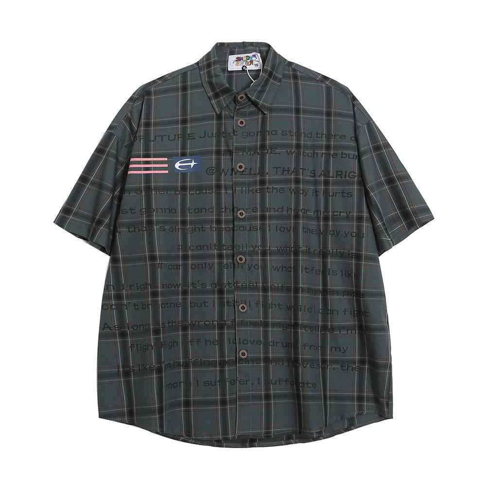 Loose Short Sleeve Plaid Shirt For Men Gray null