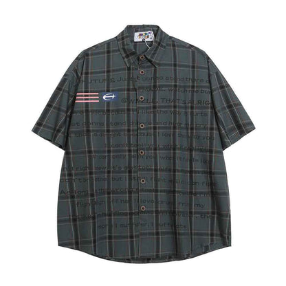 Loose Short Sleeve Plaid Shirt For Men Gray null