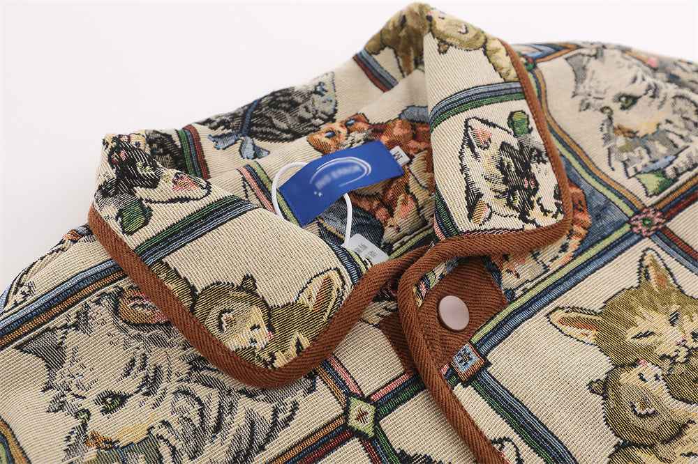 Animal Cat Plaid Lapel Coat For Women MuddyStock