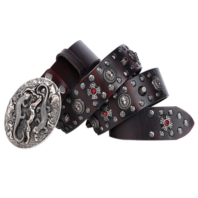 Punk Rivet Men's Leather Belt Retro Red