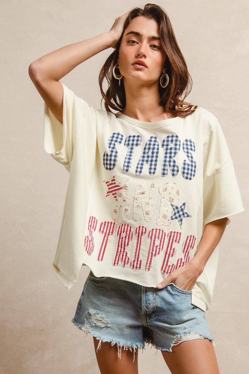 Mix And Match Stars And Stripes Patchwork Short Sleeve T-Shirt For Women
