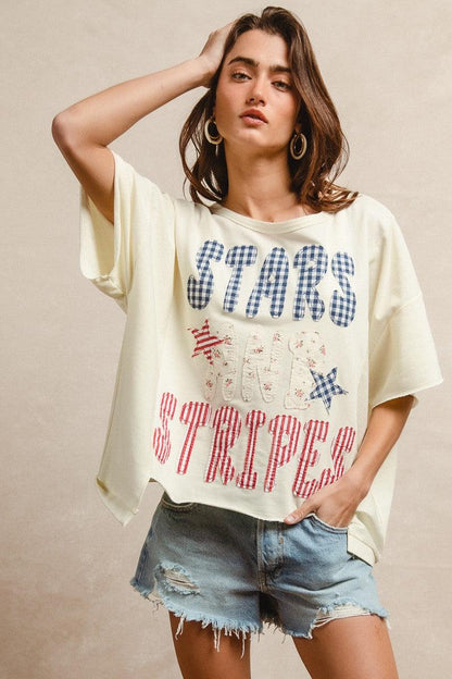 Mix And Match Stars And Stripes Patchwork Short Sleeve T-Shirt For Women