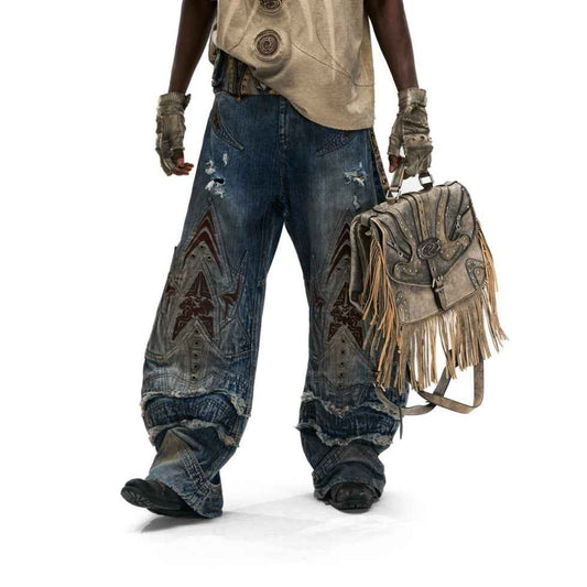 Scale-armor-patterned Bamboo-knot-design Curved-sword Jeans For Men Blue