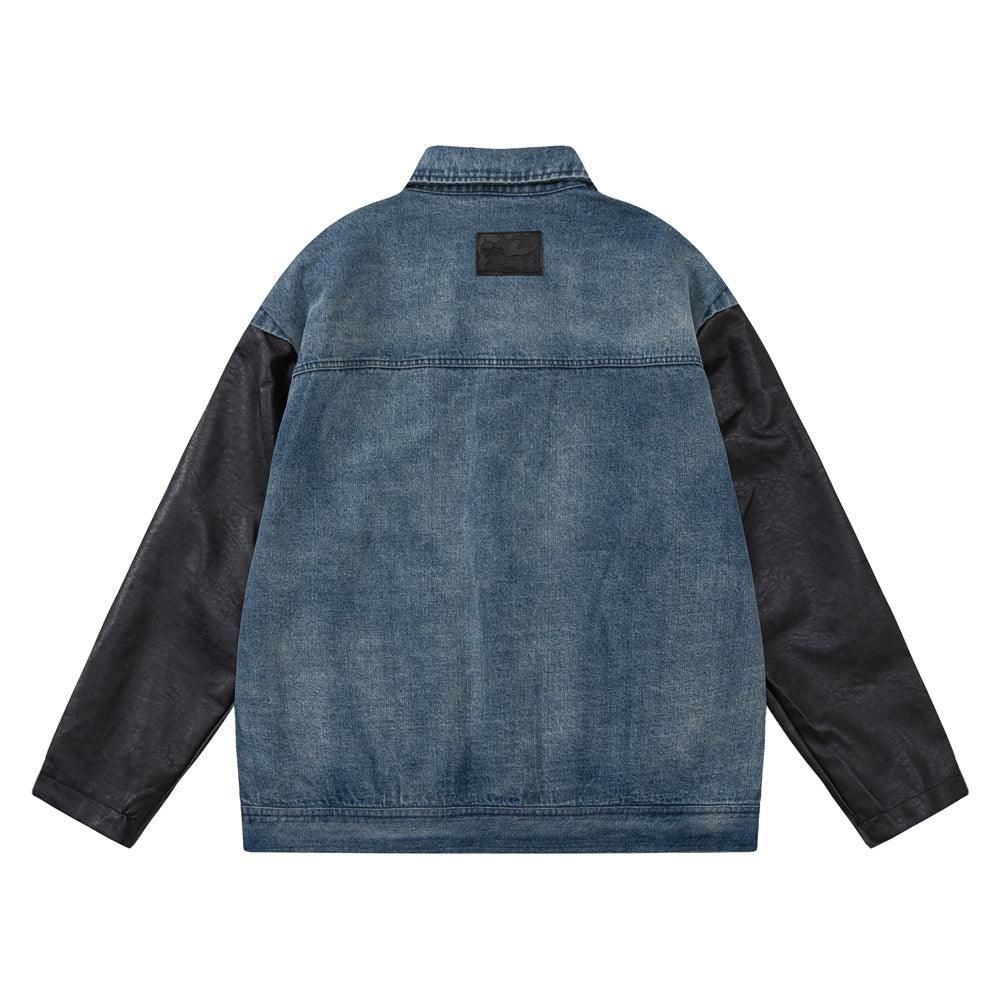 European And American Style Stitching PU Leather Sleeve Denim Jacket For Women null