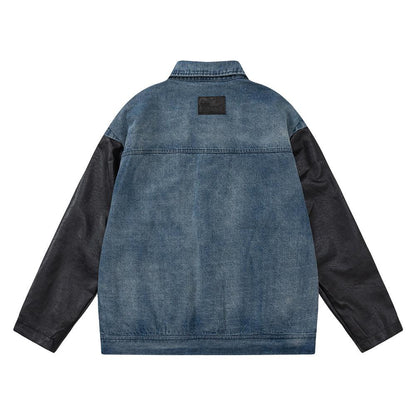 European And American Style Stitching PU Leather Sleeve Denim Jacket For Women null