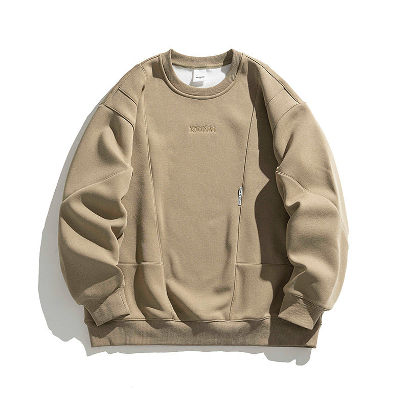 Men's Vintage Embroidery Fleece-lined Crew Neck Sweater Khaki