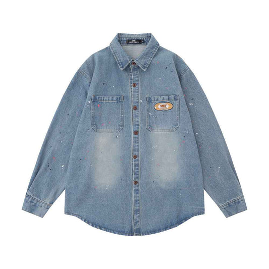 Denim Long Sleeve Splash-ink Shirt For Women Blue