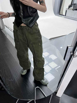 Women's Multi Pocket Vintage Wide Leg Loose Pants Army Green