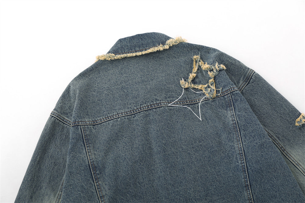 Five-pointed Star Patch Cat Beard Denim Washed Distressed Jacket For Women MuddyStock null