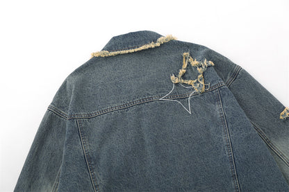 Five-pointed Star Patch Cat Beard Denim Washed Distressed Jacket For Women MuddyStock null