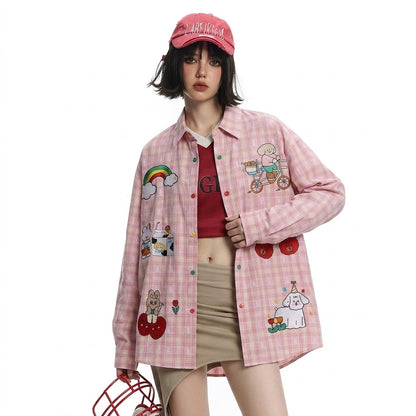Retro Cartoon Plaid Long Sleeve Shirt For Women eprolo