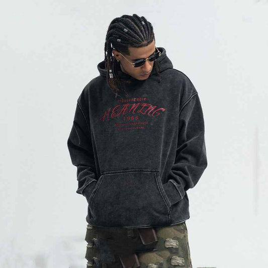American Street Letter Printed Washed Distressed Hoodie For Men MuddyStock
