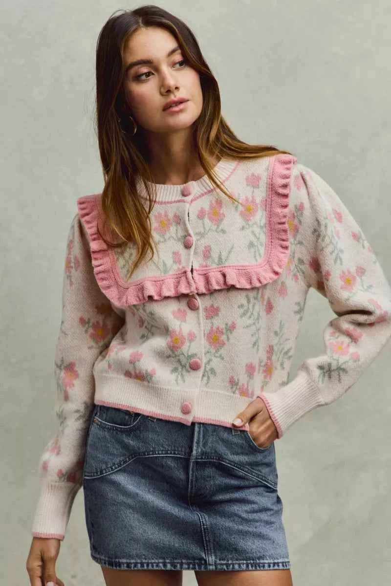 Flower With Ruffle Detailing Sweater Cardigan For Women Trendsi